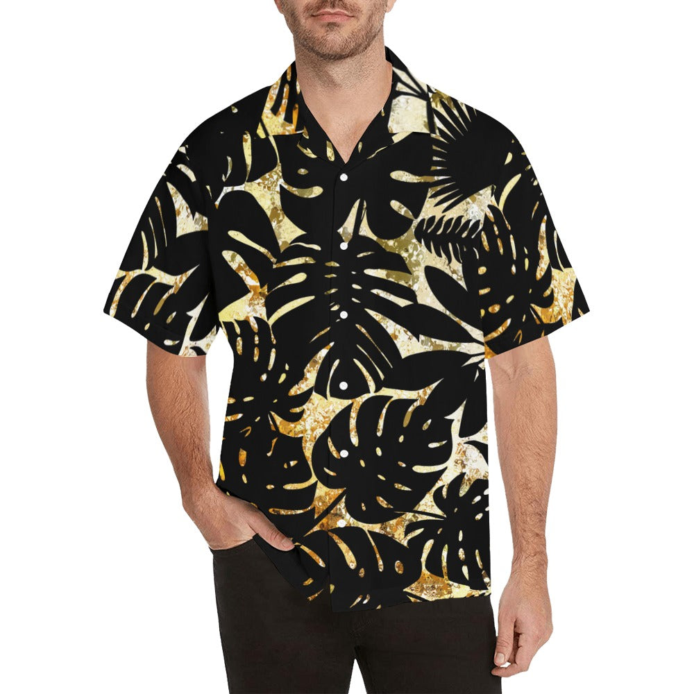 Black Tropical Leaves Pattern Shirt in Sizes up to 5XL